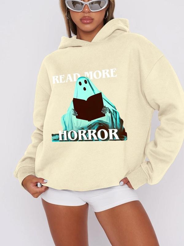 Women's Cartoon Ghost & Letter Print Drop Shoulder Hoodie, Fashion Casual Hooded Sweatshirt for Daily Holiday Outdoor...