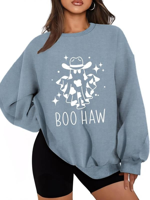 Women's Cartoon Ghost & Letter Print Drop Shoulder Sweatshirt, Casual Long Sleeve Round Neck Pullover for Daily Wear,...