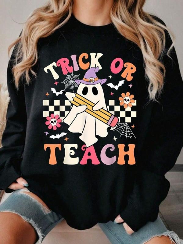 Women's Cartoon Ghost & Letter Print Drop Shoulder Sweatshirt, Casual Long Sleeve Round Neck Pullover for Daily Wear,...