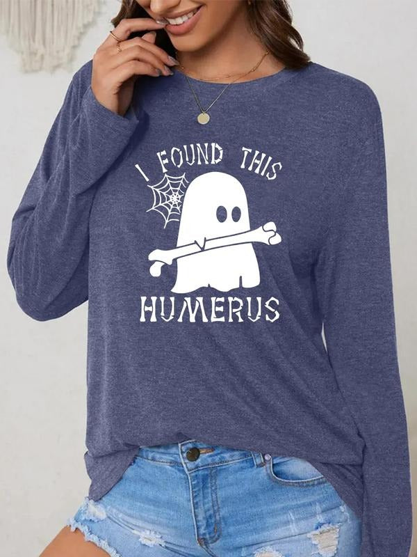 Women's Cartoon Ghost & Letter Print Round Neck Tee, Casual Long Sleeve Crew Neck T-shirt for Daily Wear, Ladies Clothes...
