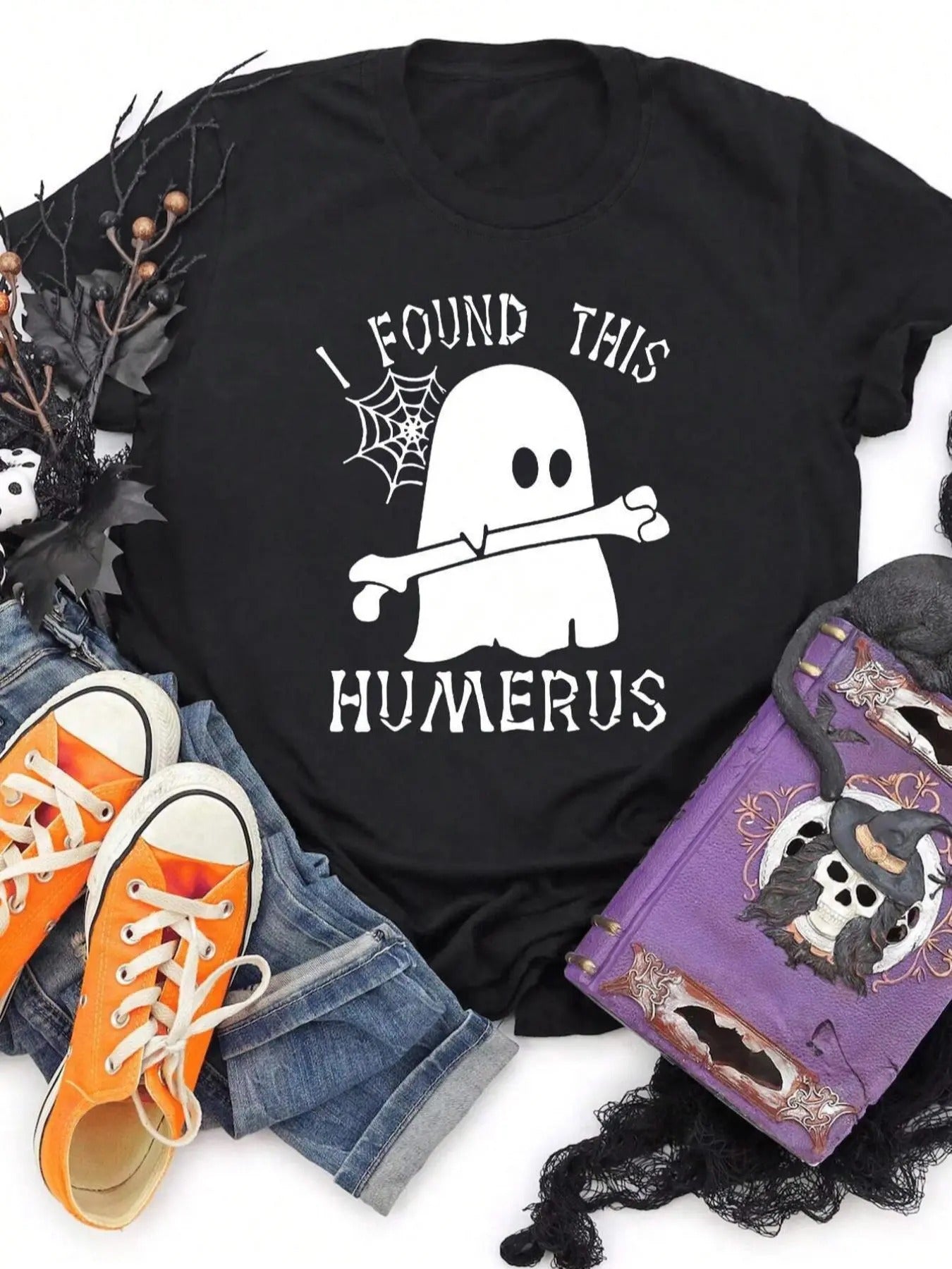 Women's Cartoon Ghost & Letter Print Round Neck Tee, Halloween Trendy Casual Short Sleeve T-shirt for Daily Wear, Ladies...