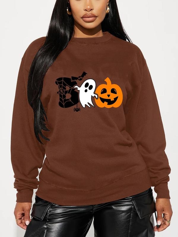Women's Cartoon Ghost & Pumpkin & Letter Print Drop Shoulder Sweatshirt, Casual Long Sleeve Round Neck Pullover for...