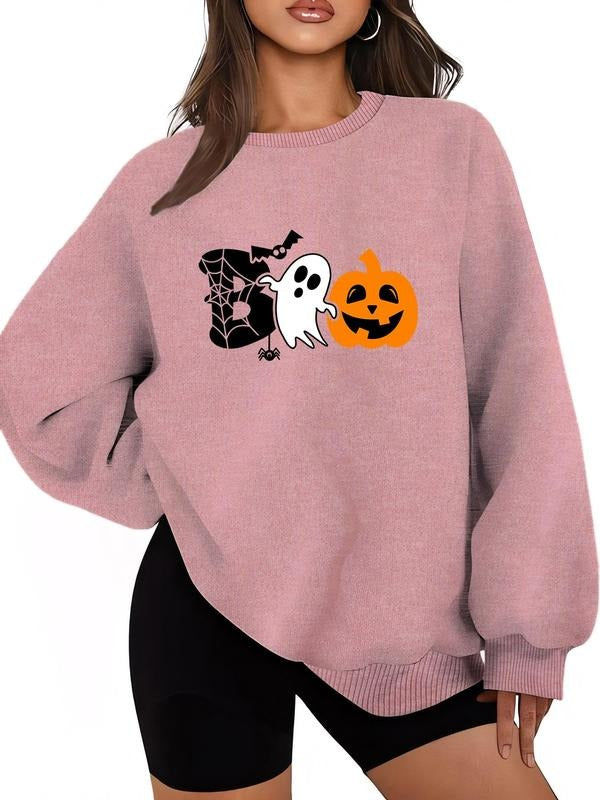 Women's Cartoon Ghost & Pumpkin Print Drop Shoulder Sweatshirt, Casual Halloween Long Sleeve Round Neck Pullover for...