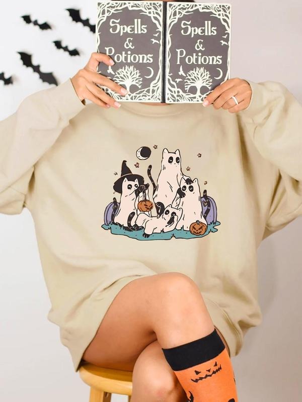 Women's Cartoon Ghost Cat Print Crew Neck Sweatshirt, Casual Drop Shoulder Long Sleeve Pullover, Women's Fall & Winter...