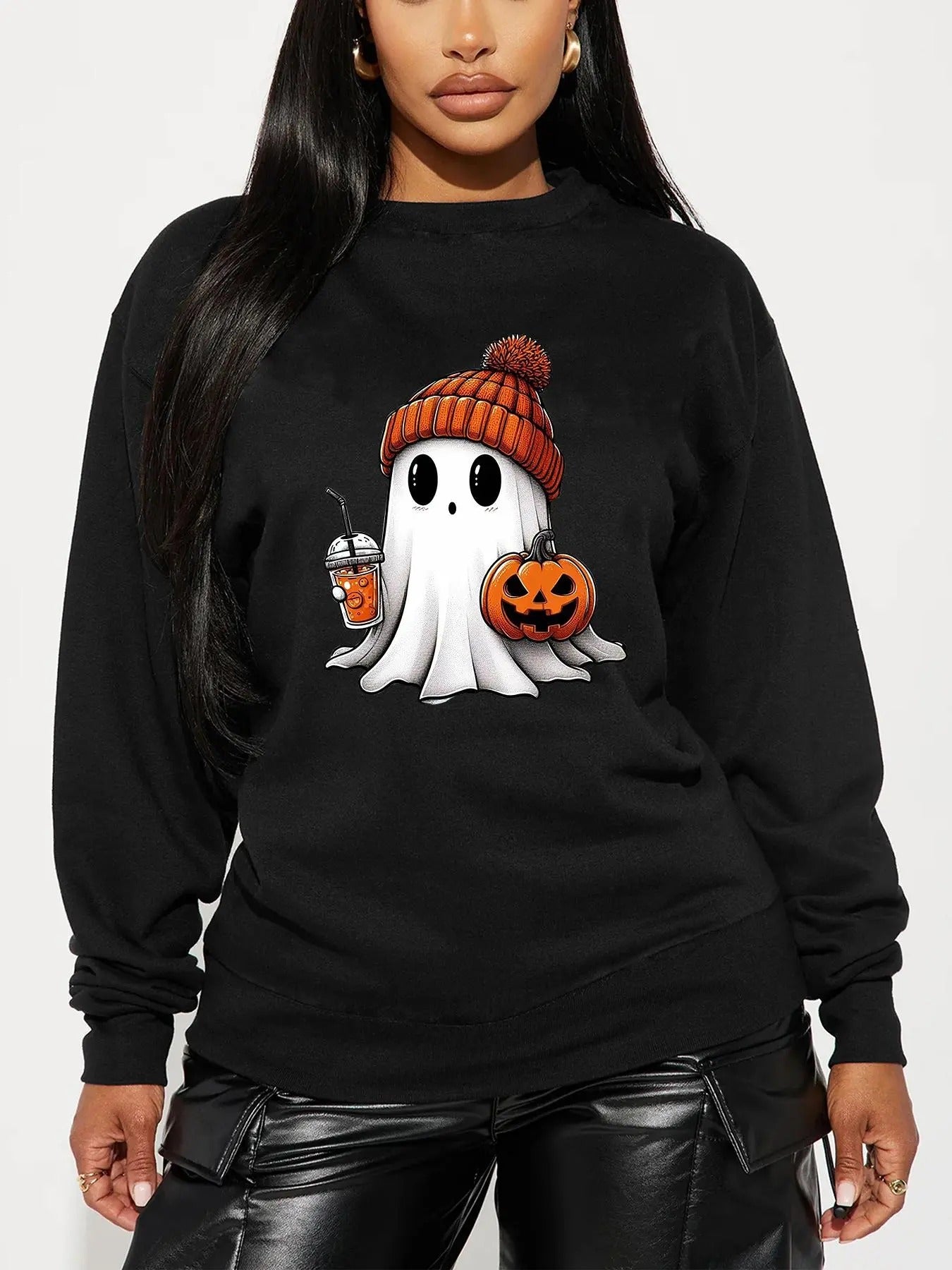 Women's Cartoon Ghost Print Crew Neck Sweatshirt, Casual Drop Shoulder Long Sleeve Pullover, Women's Fall & Winter...