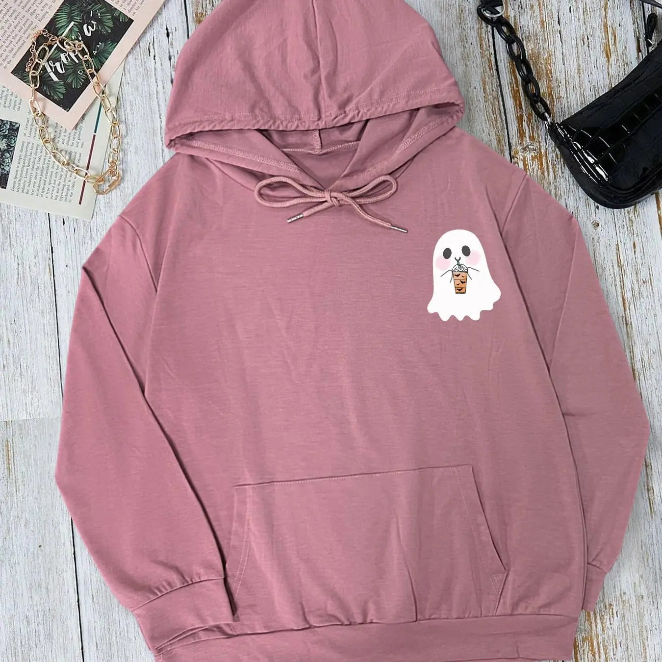 Cartoon Ghost Print Drawstring Pocket Casual Long Sleeve Hooded Fall & Winter Clothes Daily T-Shirts, Hoodie, Sweatshirt