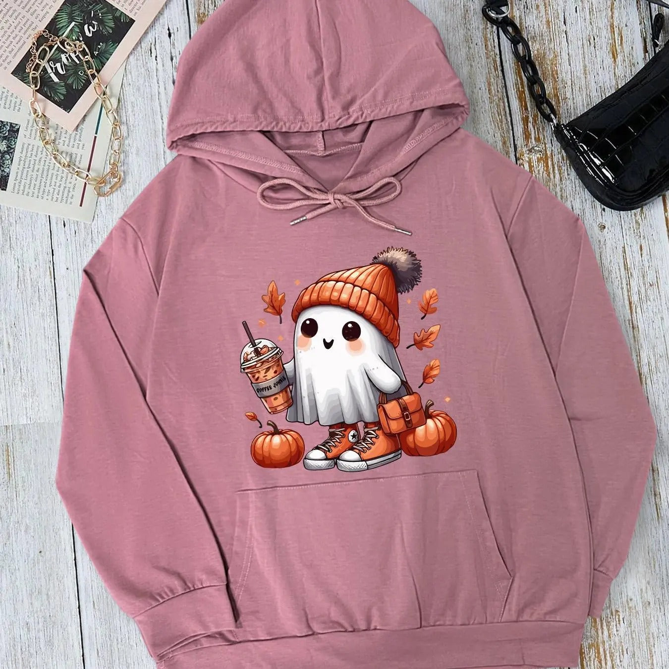 Cartoon Ghost Print Drop Shoulder Drawstring Casual Pocket Hooded Daily Outdoor Fall & Winter T-Shirts, Hoodie, Sweatshirt