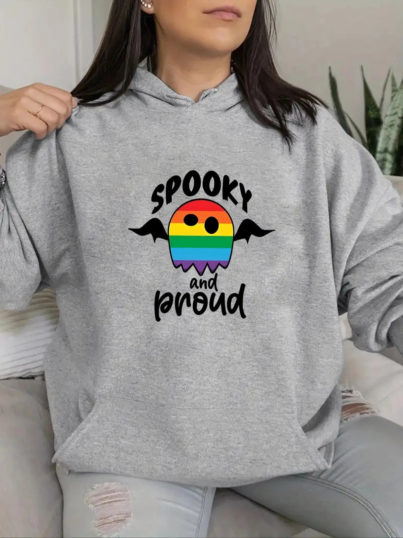 Women's Cartoon Ghost Print Drop Shoulder Hoodie, Fashion Casual Drawstring Pocket Hooded Sweatshirt for Daily Holiday...