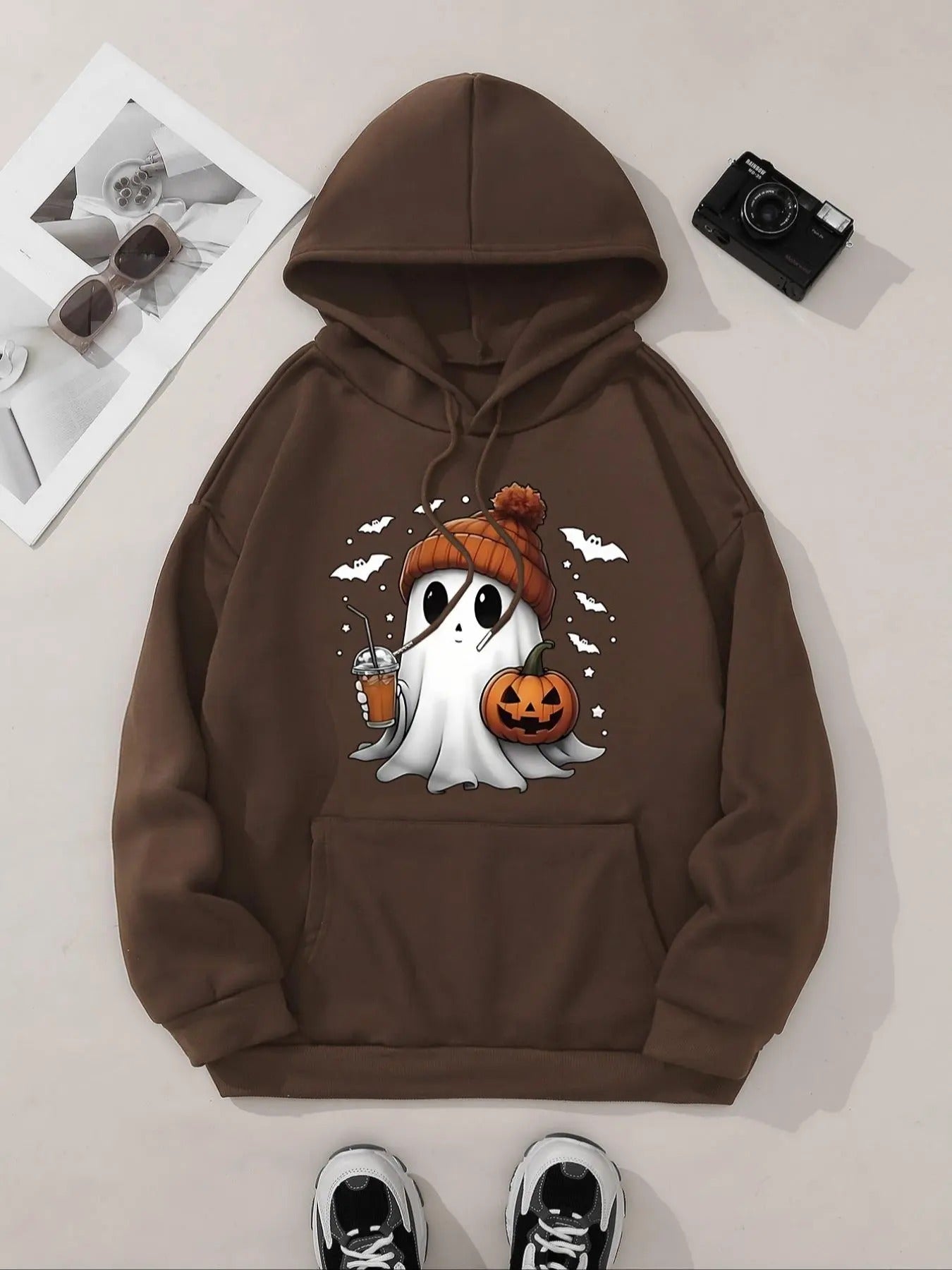 Women's Cartoon Ghost Print Drop Shoulder Hoodie, Fashion Casual Drawstring Pocket Hooded Sweatshirt for Daily Holiday...