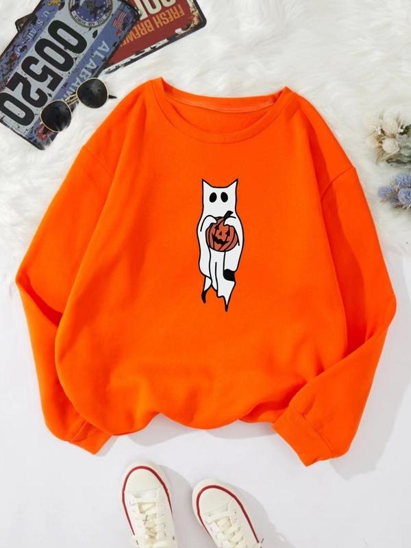 Women's Cartoon Ghost Print Drop Shoulder Sweatshirt, Casual Long Sleeve Round Neck Pullover for Fall & Winter, Ladies...