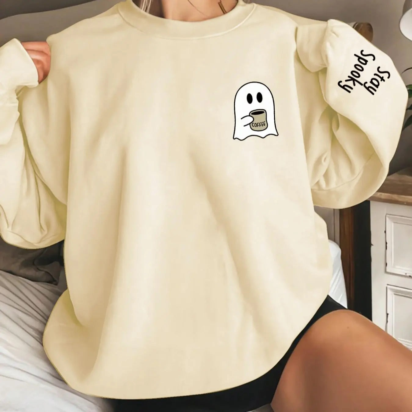 Cartoon Ghost Print Drop Shoulder Casual Long Sleeve Round Neck Fall & Winter Clothes Daily T-Shirts, Hoodie, Sweatshirt