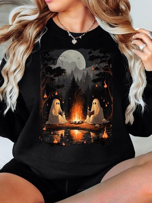 Women's Cartoon Ghost Print Drop Shoulder Sweatshirt, Casual Long Sleeve Round Neck Pullover for Halloween Fall & Winter,...