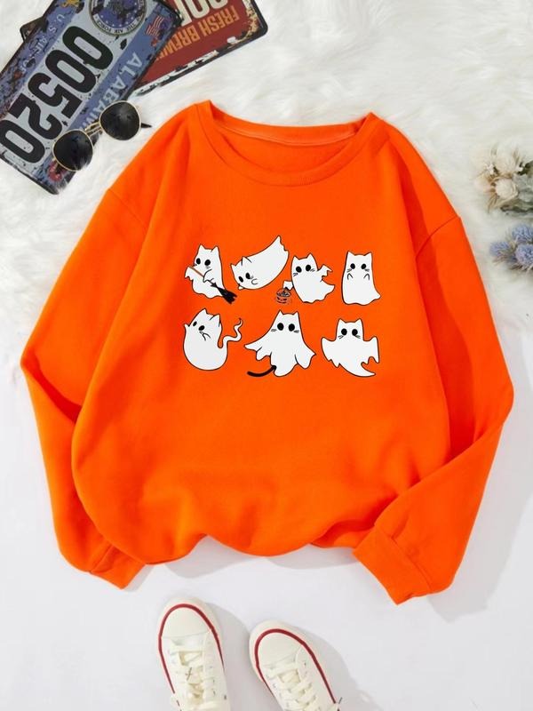 Women's Cartoon Ghost Print Drop Shoulder Sweatshirt, Cute Long Sleeve Round Neck Pullover for Daily Wear, Ladies Fall &...