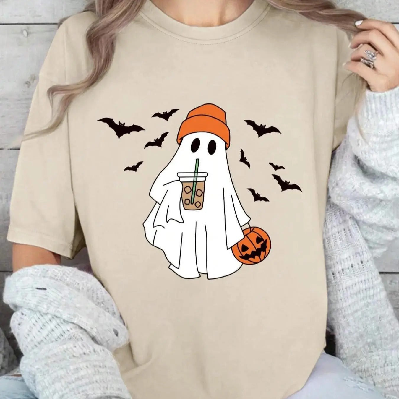 Women's Cartoon Ghost Print Drop Shoulder Tee, Casual Half Sleeve Round Neck T-shirt for Summer, Women's Clothes for...