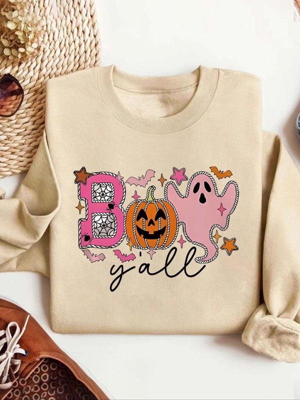 Women's Cartoon Ghost Print Round Neck Pullover, Fashion Casual Crew Neck Sweatshirt for Daily Holiday Outdoor Wear,...