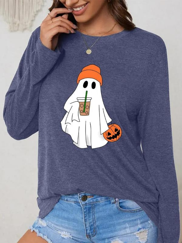 Women's Cartoon Ghost Print Round Neck T-shirt, Fashion Casual Long Sleeve Tee, Women's Top for Daily Wear, Halloween...