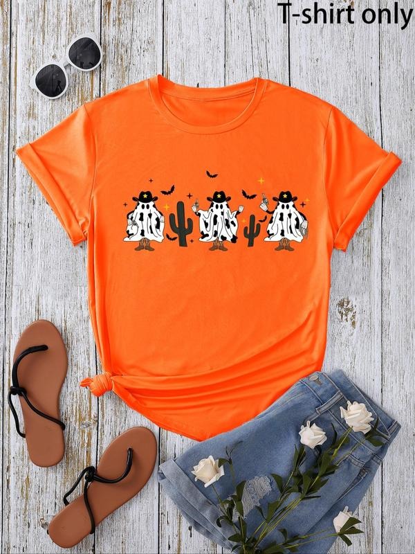 Women's Cartoon Ghost Print Round Neck Tee, Casual Short Sleeve Crew Neck T-Shirt for Summer, Fashion Women's Top for...