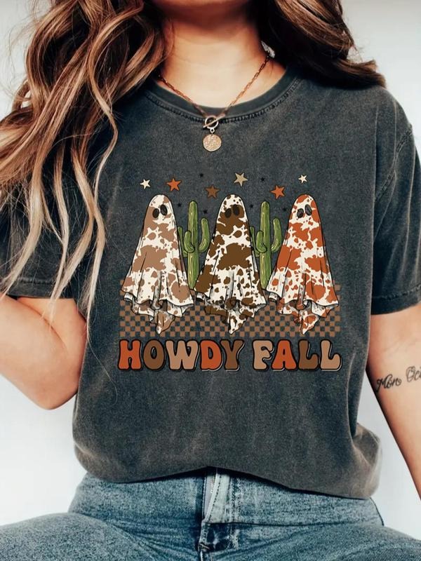 Women's Cartoon Ghost Print Round Neck Tee, Casual Short Sleeve T-shirt for Daily Wear, Ladies Clothes for All Seasons...