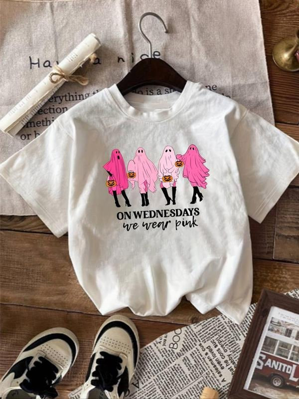 Women's Cartoon Ghost Print Round Neck Tee, Fashion Casual Crew Neck T-Shirt for Daily Holiday Vacation Outdoor Wear,...