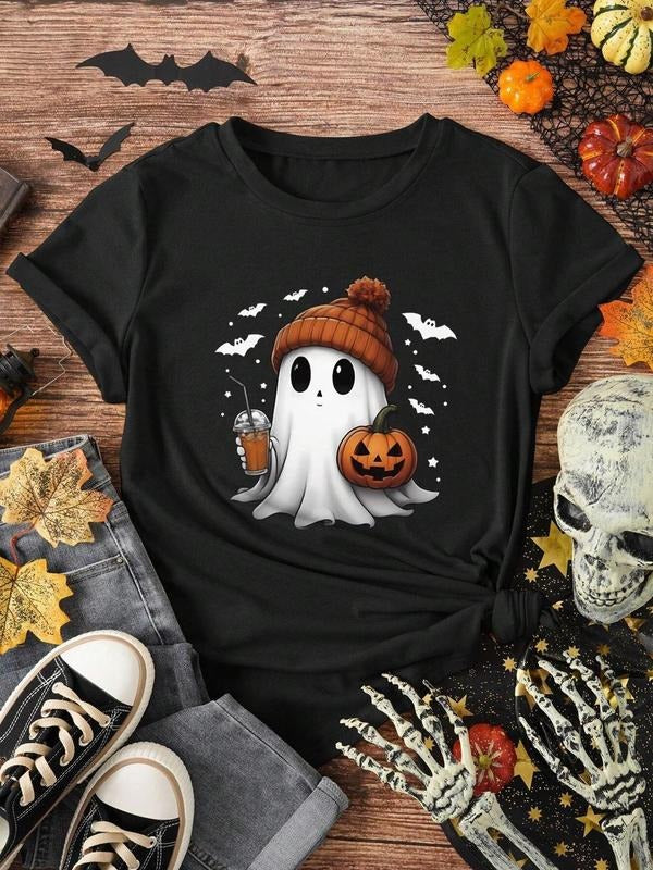 Cartoon Ghost Print Round Neck Casual Short Sleeve Daily Summer Clothes T-Shirts, Hoodie, Sweatshirt
