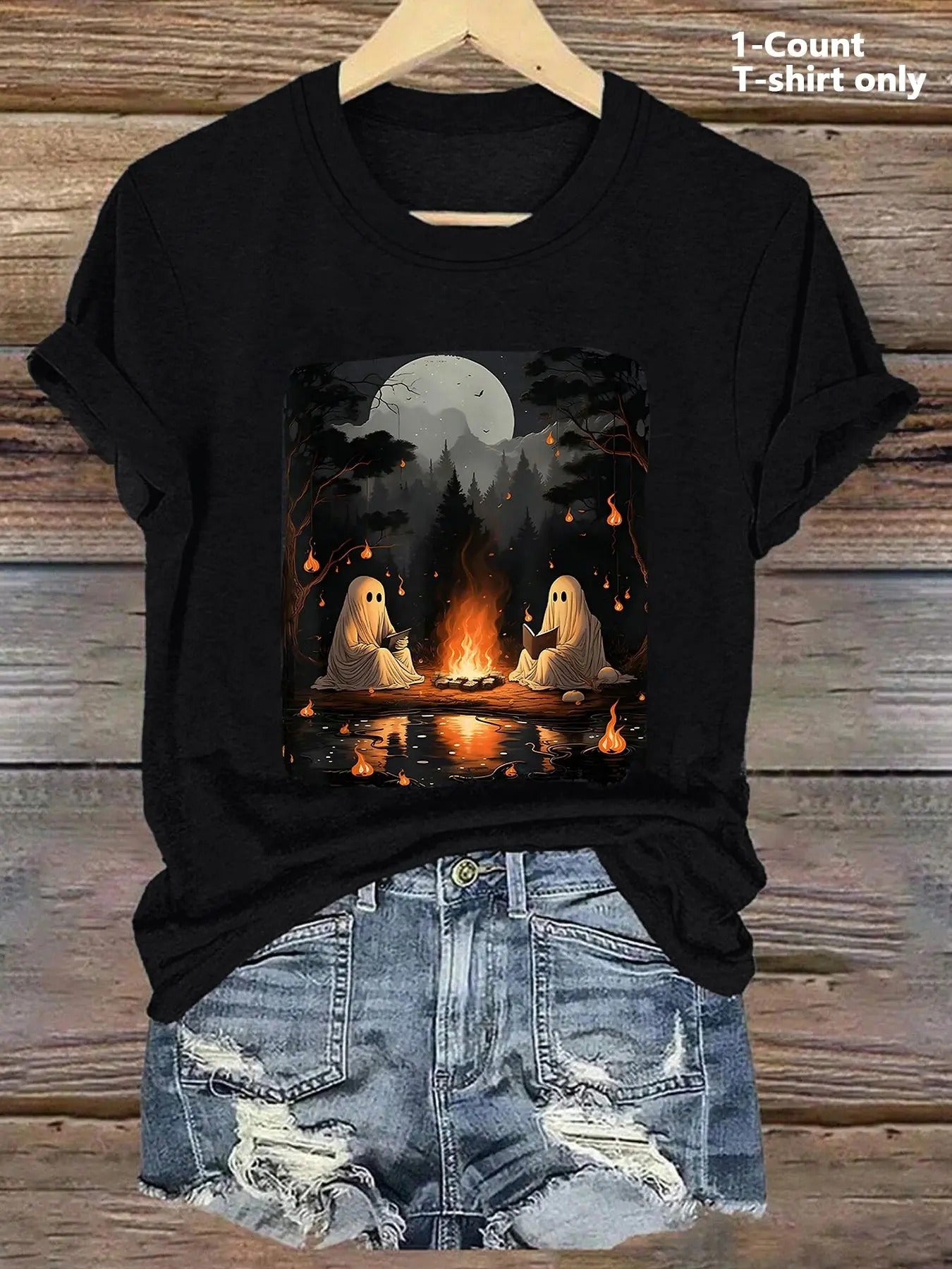 Women's Cartoon Ghost Print Round Neck Tee, Fashion Casual Short Sleeve T-shirt, Ladies Summer Clothes for Daily Wear...