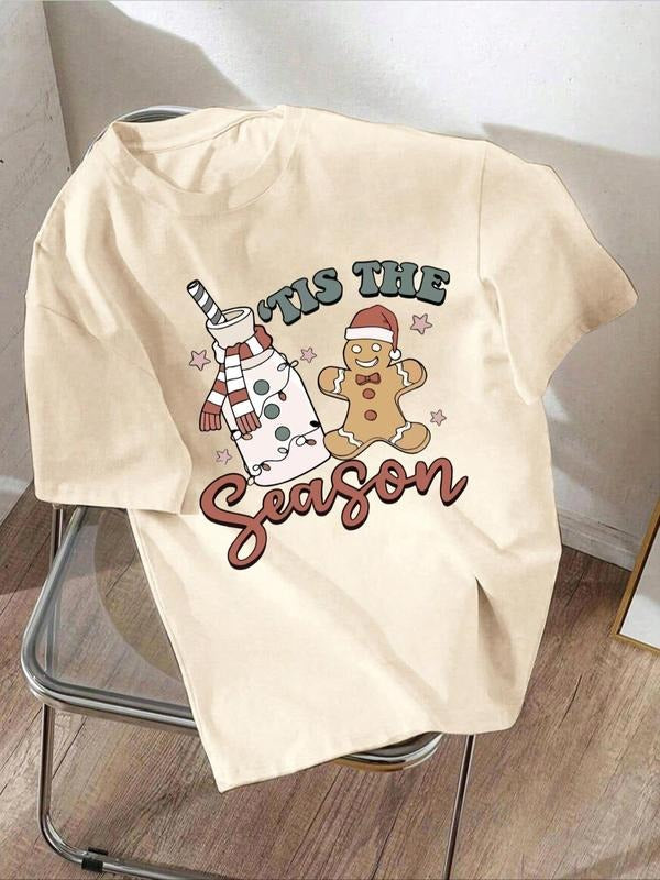 Women's Cartoon Gingerbread Man & Letter Print Round Neck Tee, Casual Short Sleeve Crew Neck T-Shirt for Summer, Fashion...