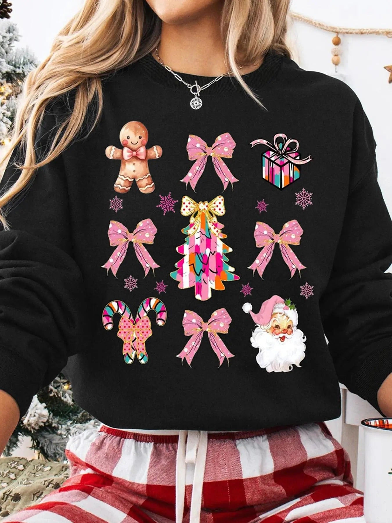 Women's Cartoon Gingerbread Man Print Crew Neck Sweatshirt, Casual Long Sleeve Pullover for Daily Wear, Ladies Spring &...