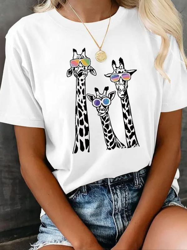 Women's Cartoon Giraffe Print Round Neck Graphic Tee, Trendy Casual Short Sleeve T-shirt For Daily Wear, Ladies Summer...