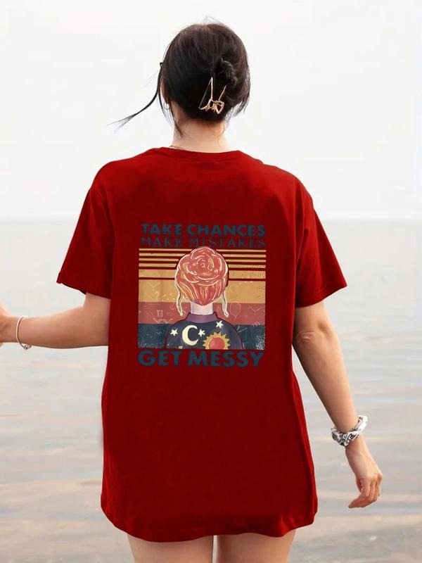 Women's Cartoon Girl & Letter Print Round Neck Tee, Trendy Casual Short Sleeve T-Shirt for Daily Wear, Ladies Summer...