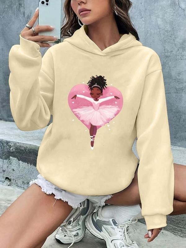 Women's Cartoon Girl Drop Shoulder Hoodie, Fashion Casual Long Sleeve Hooded Sweatshirt for Daily Holiday Outdoor Wear,...
