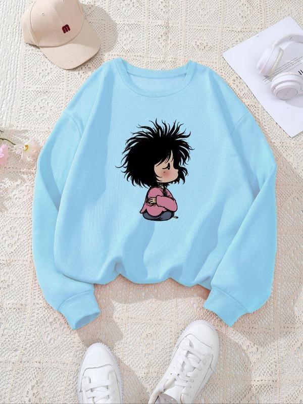Women's Cartoon Girl Print Crew Neck Sweatshirt, Casual Long Sleeve Pullover for Fall & Winter, Women's Clothes for Daily...
