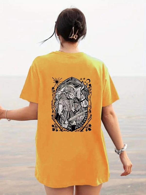 Women's Cartoon Girl Warrior Print Round Neck Tee, Fashion Casual Short Sleeve T-shirt for Daily Wear, Ladies Summer...