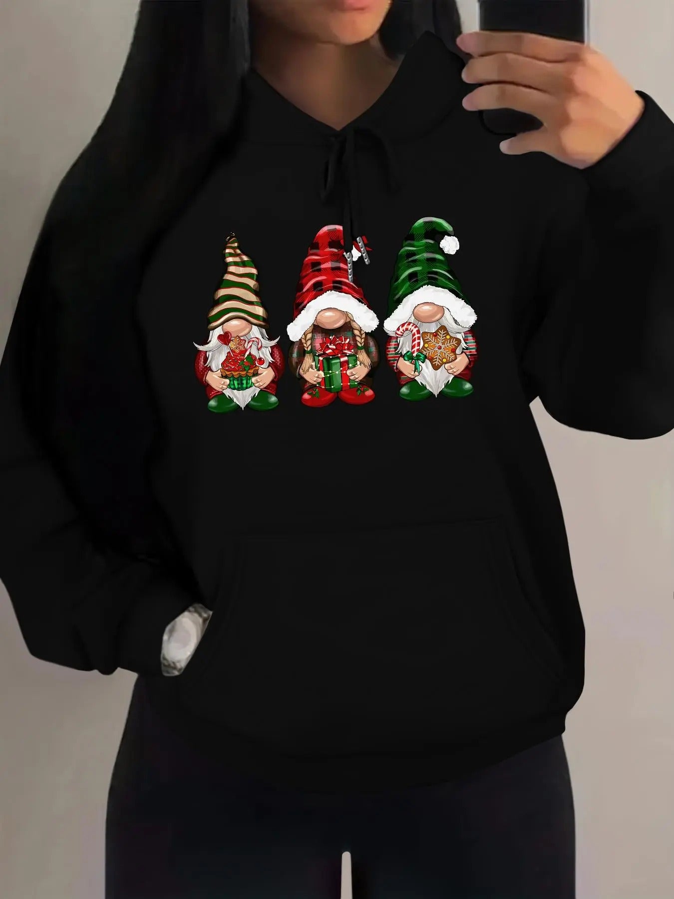 Women's Cartoon Gnome Print Drawstring Pocket Hoodie, Casual Long Sleeve Hooded Sweatshirt for Daily Holiday Outdoor...