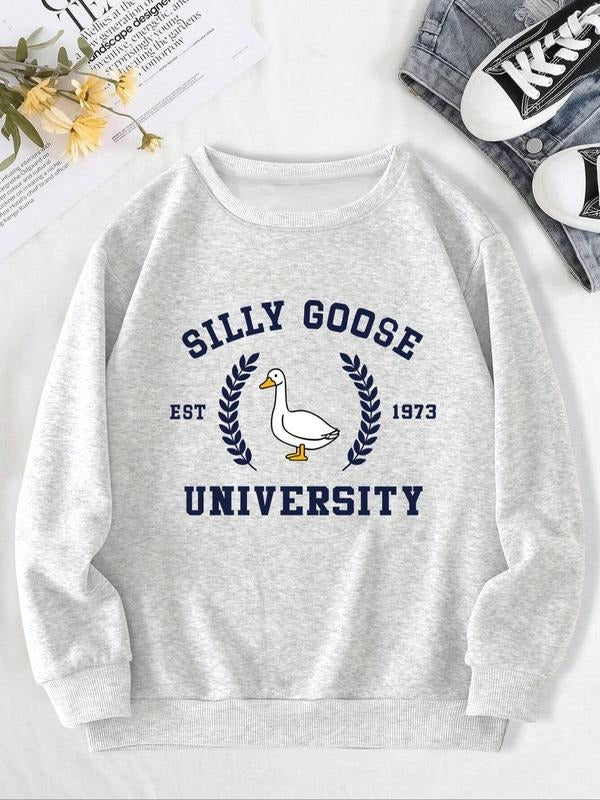 Women's Cartoon Goose & Letter Print Crew Neck Thermal Lined Sweatshirt, Casual Long Sleeve Pullover, Women's Fall &...