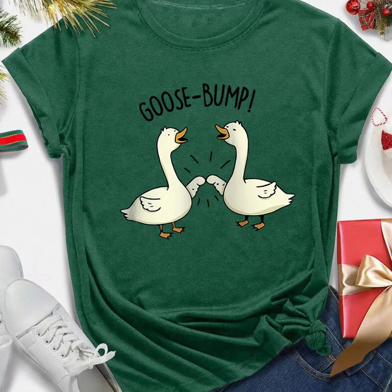 Women's Cartoon Goose & Letter Print Round Neck Tee, Casual Short Sleeve T-Shirt for Summer, Ladies Clothes for Daily...
