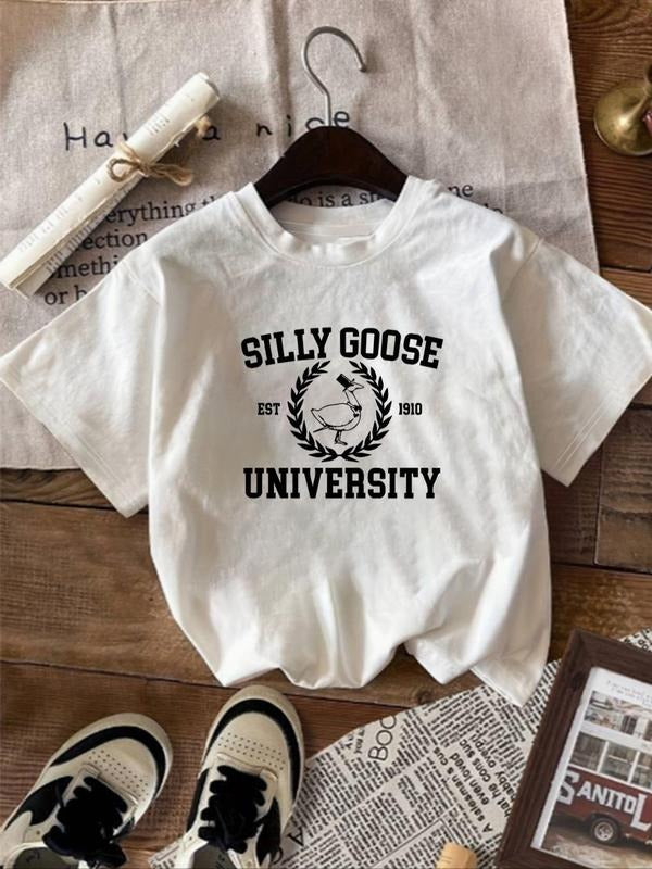 Women's Cartoon Goose & Letter Print Round Neck Tee, Fashion Casual Crew Neck Short Sleeve T-Shirt for Daily Holiday...