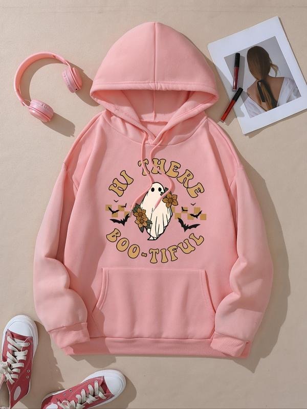 Women's Cartoon Graphic Print Drawstring Pocket Hoodie, Casual Drop Shoulder Long Sleeve Hooded Sweatshirt, Lady Fall &...
