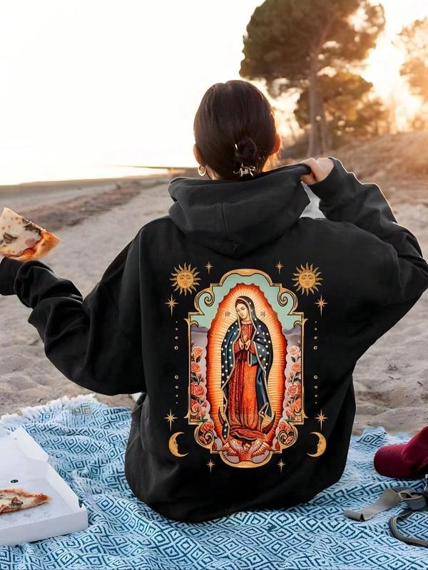 Women's Cartoon Graphic Print Drawstring Pocket Hoodie, Casual Fashion Drop Shoulder Long Sleeve Hooded Sweatshirt for...