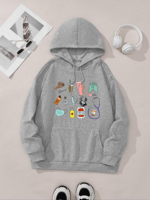 Women's Cartoon Graphic Print Drop Shoulder Hoodie, Fashion Casual Drawstring Pocket Hooded Sweatshirt for Daily Holiday...