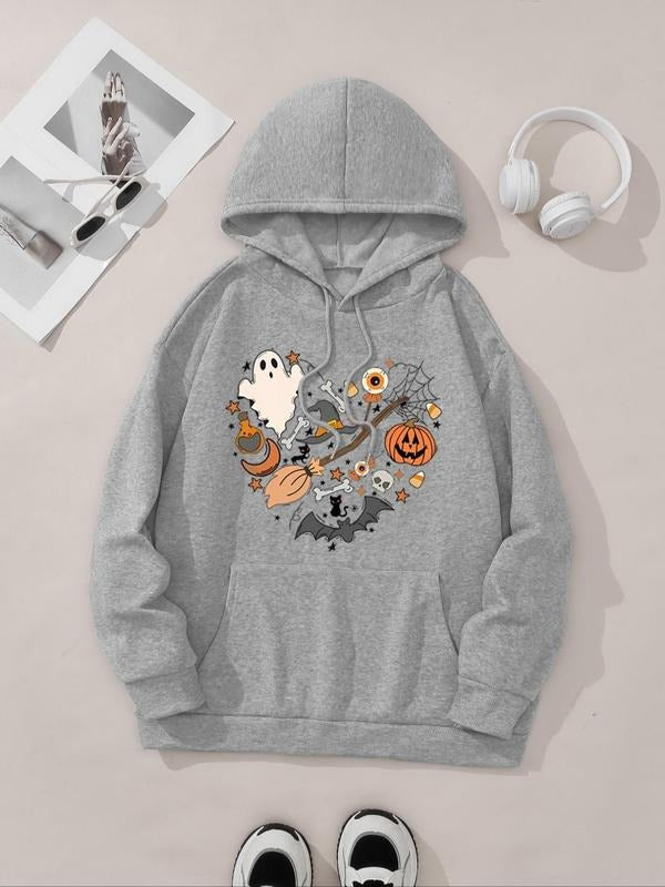 Women's Cartoon Graphic Print Drop Shoulder Hoodie, Fashion Casual Drawstring Pocket Hooded Sweatshirt for Daily Holiday...