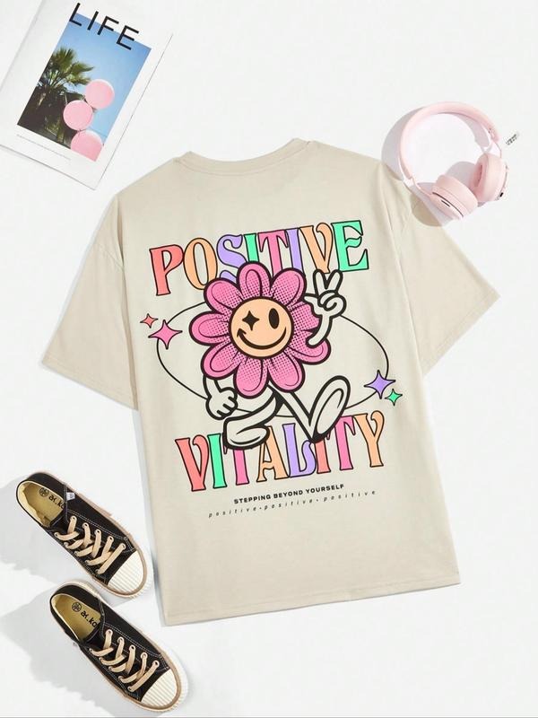 Cartoon Print Round Neck Drop Shoulder Summer Clothes Casual Letter Print Short Sleeve Summer Top Daily T-Shirts, Hoodie, Sweatshirt