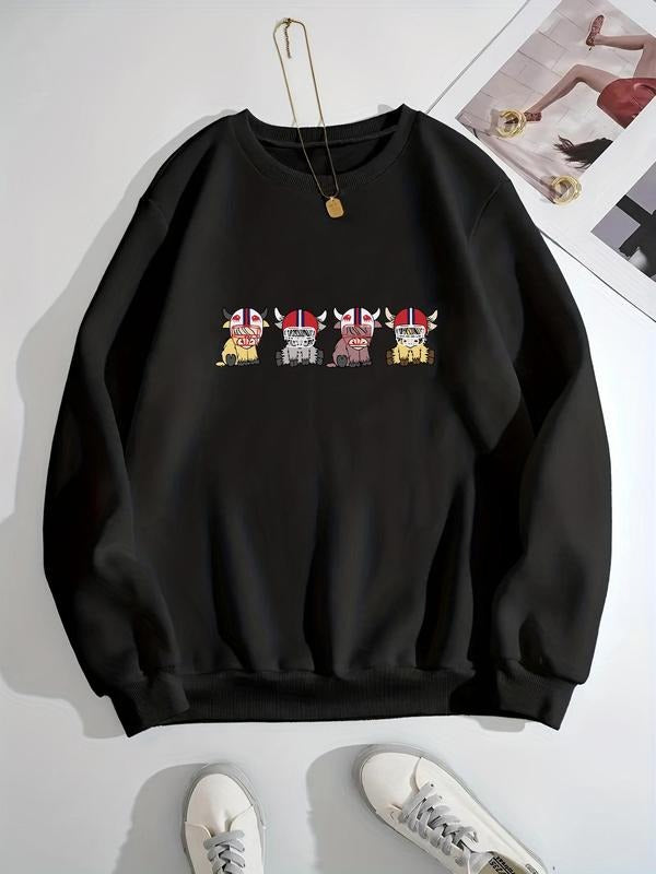 Women's Cartoon Graphic Print Round Neck Sweatshirt Without Necklace, Casual Fashion Long Sleeve Pullover for Daily Wear,...