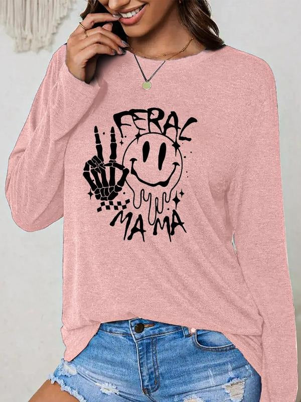 Women's Cartoon Graphic Print Round Neck T-shirt, Fashion Casual Long Sleeve Tee, Women's Top for Daily Wear Hoodie,...