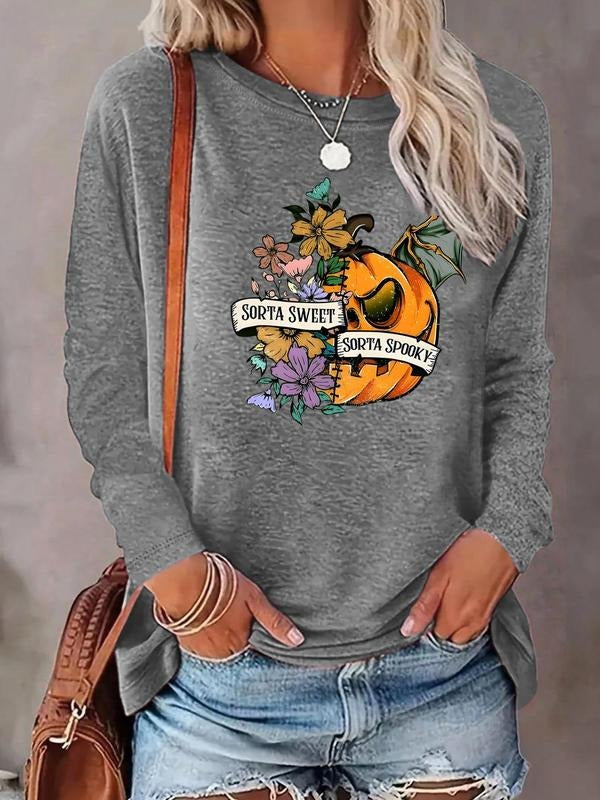 Women's Cartoon Graphic Print Round Neck T-shirt, Fashion Casual Long Sleeve Tee, Women's Top for Daily Wear style 02...