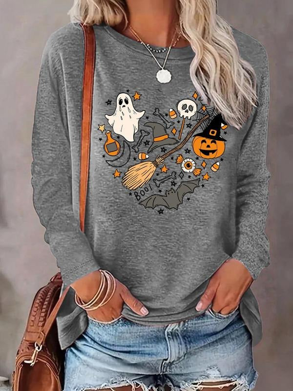 Women's Cartoon Graphic Print Round Neck T-shirt, Fashion Casual Long Sleeve Tee, Women's Top for Daily Wear, Halloween...