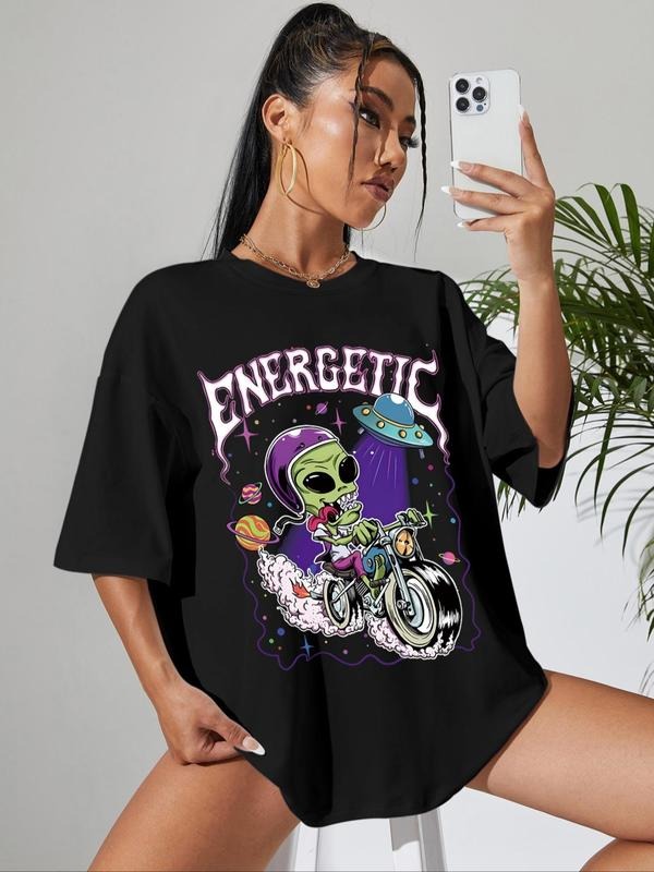 Women's Cartoon Graphic Print Round Neck Tee, Fashion Casual Drop Shoulder Short Sleeve T-shirt for Daily Wear, Ladies...