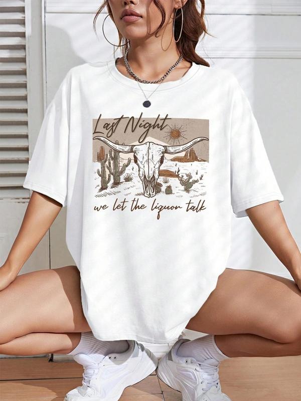 Women's Cartoon Graphic Print Round Neck Tee, Trendy Casual Drop Shoulder Short Sleeve T-shirt for Daily Wear, Ladies...