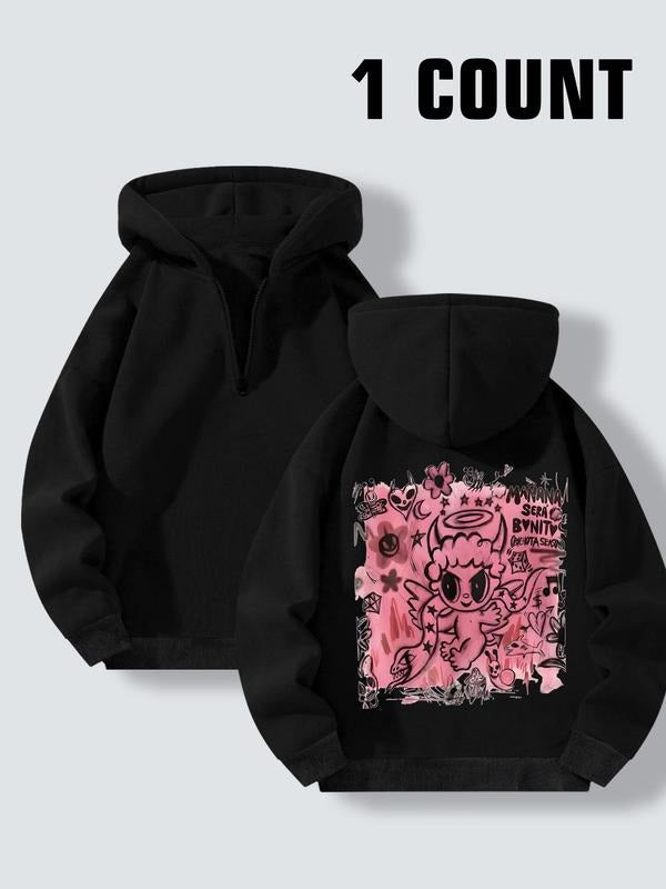 Women's Cartoon Graphic Print Zipper Hoodie, Fashion Casual Drop Shoulder Long Sleeve Hooded Sweatshirt for Daily Outdoor...