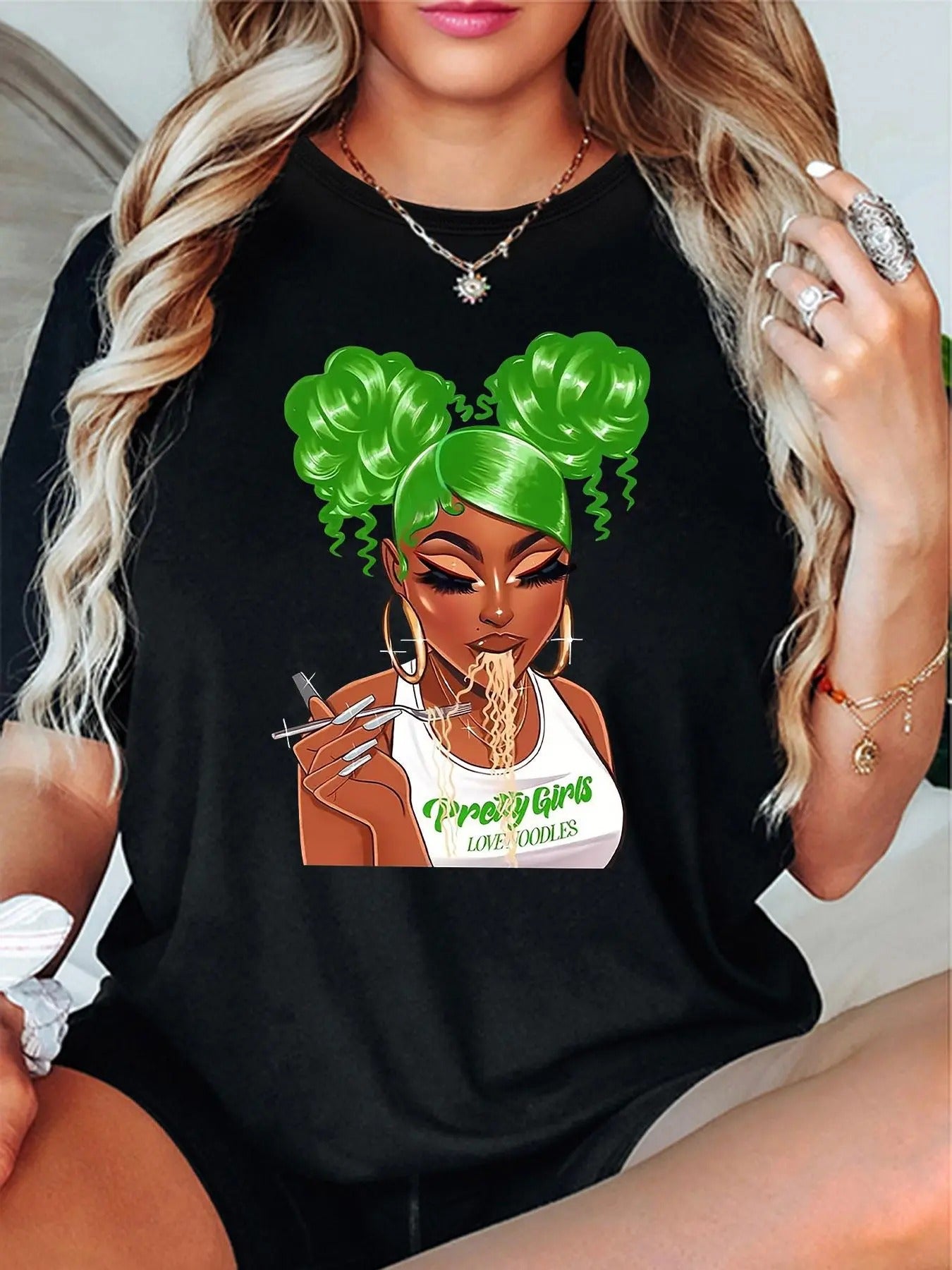 Women's Cartoon Green Haired Girl Print Round Neck Tee, Fashion Casual Crew Neck T-Shirt for Daily Holiday Vacation...