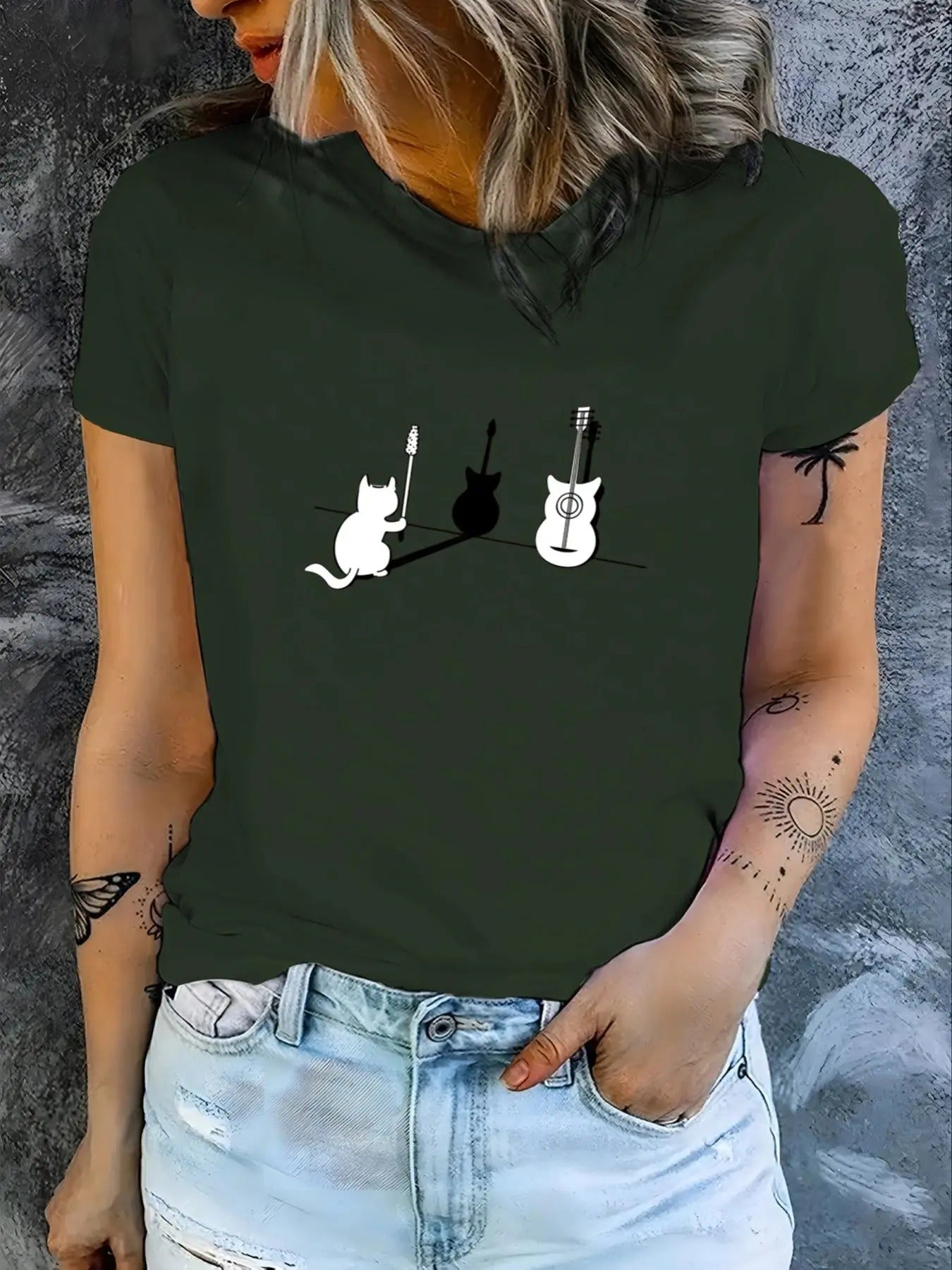 Women's Cartoon Guitar & Cat Print Round Neck Tee, Cute Short Sleeve T-Shirt for Daily Wear, Ladies Clothes for All...